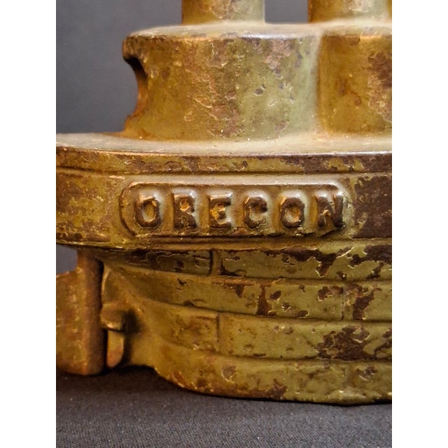 Metal Antique Cast Iron Battleship Oregon Still Penny Bank J&e Stevens Green Paint 1898 For Sale - Image 7 of 14