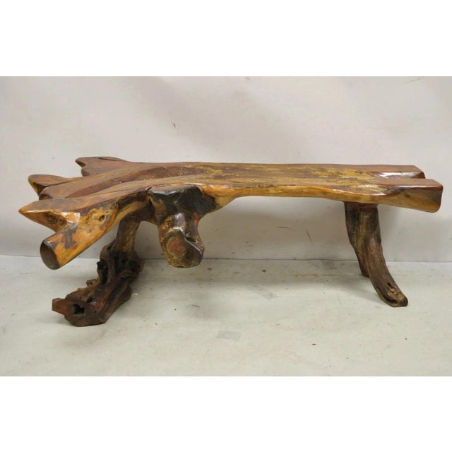 Vintage Mid Century Modern Organic Driftwood Sculptural Bench Coffee Table. Item features a double pedestal wishbone base,...