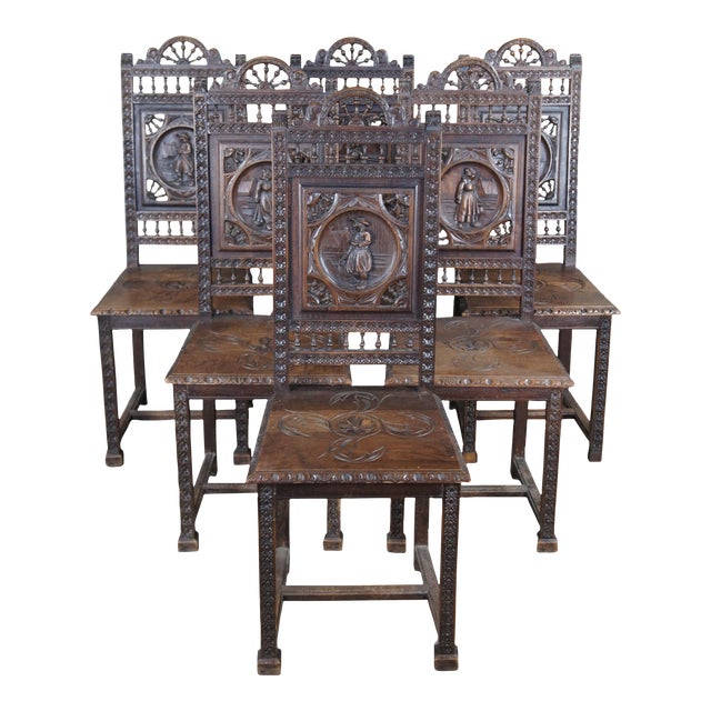 Antique 19th Century French Breton Brittany Figural Carved Chestnut Dining Chairs - Set of 6 For Sale