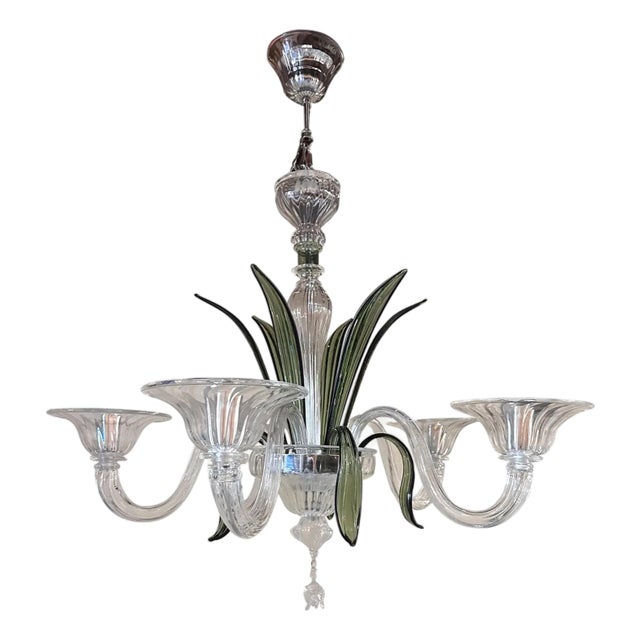 Transparent and Green Leaves Chandelier in Murano Glass by Simoeng For Sale