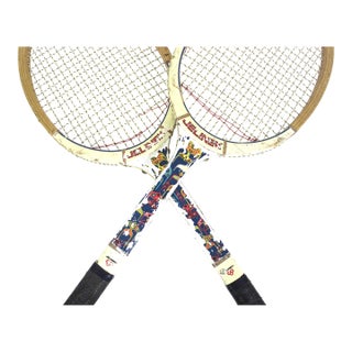 Curated Set of Vintage Wooden Tennis Rackets for Designer Decorating Two Wood Racquet Beach House For Sale