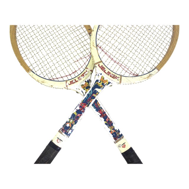 Curated Set of Vintage Wooden Tennis Rackets for Designer Decorating Two Wood Racquet Beach House For Sale