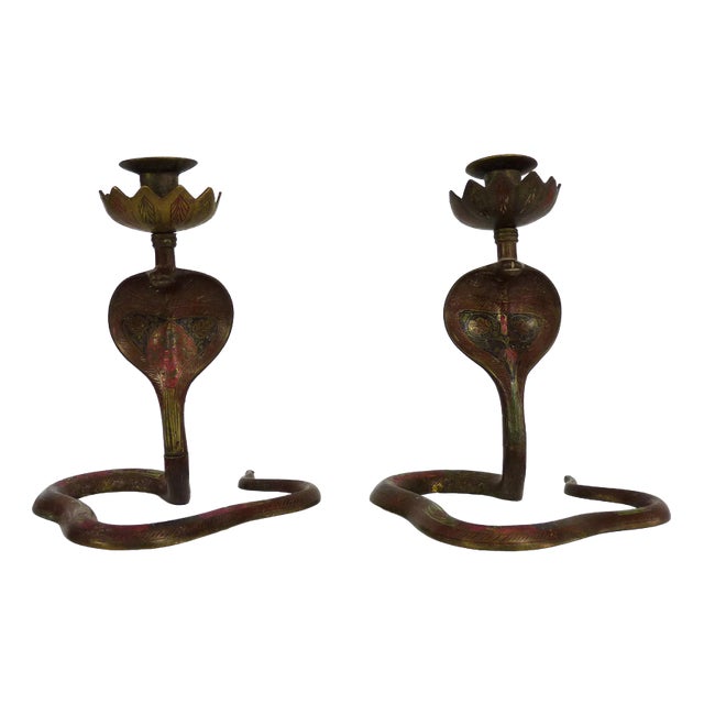 Bronze Cobra Candlesticks with Engraving, 1950s, Set of 2 For Sale
