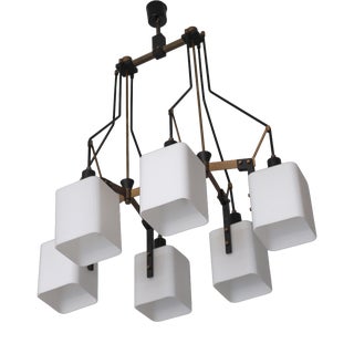 Italian Six-Light Chandelier in Brass, Black Metal and Opaline Glass, 1950s For Sale