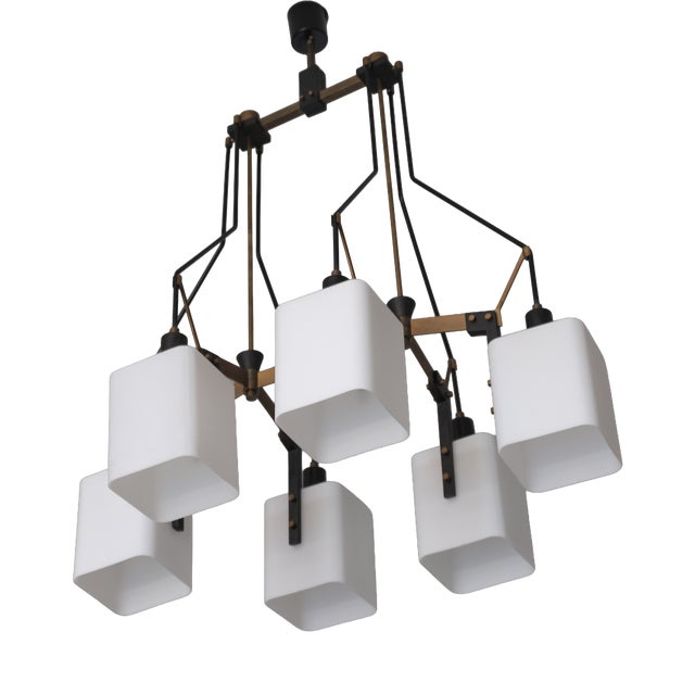 Italian Six-Light Chandelier in Brass, Black Metal and Opaline Glass, 1950s For Sale