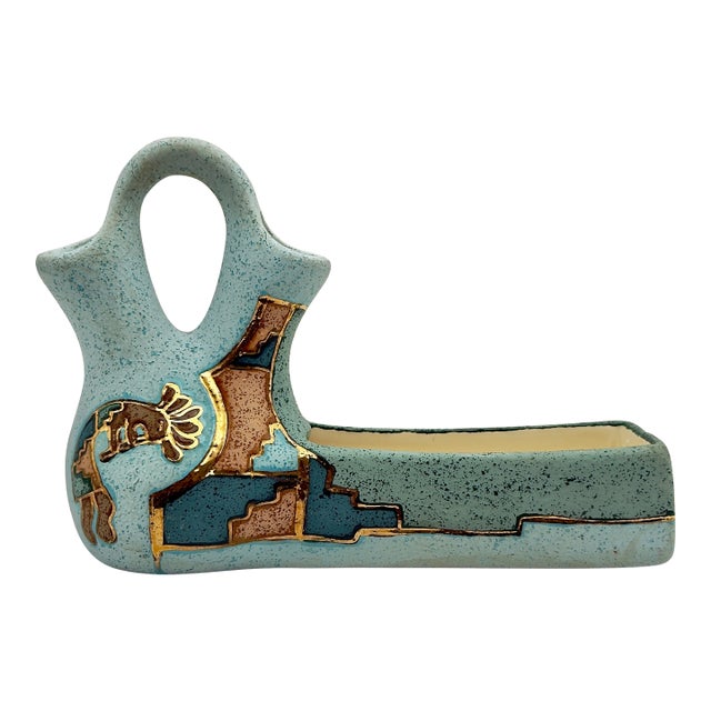 Vintage Southwestern Ceramic Desk Organizer – Turquoise Speckle Pottery Vase & Pen Holder With Gold Accents For Sale