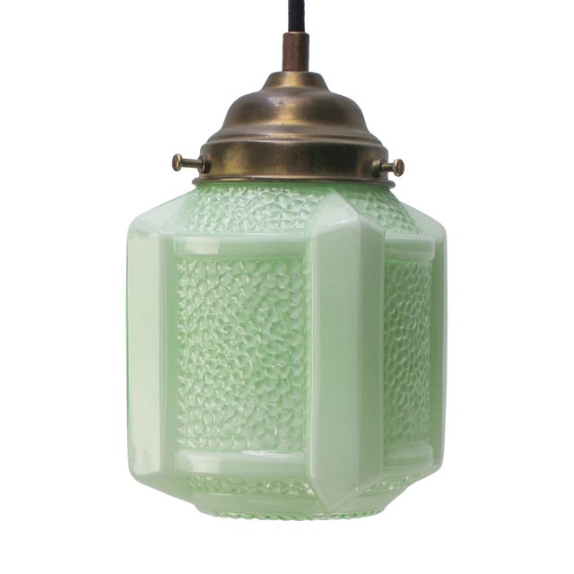 French Art Deco Green Clichy Glass Pendant Lamp For Sale