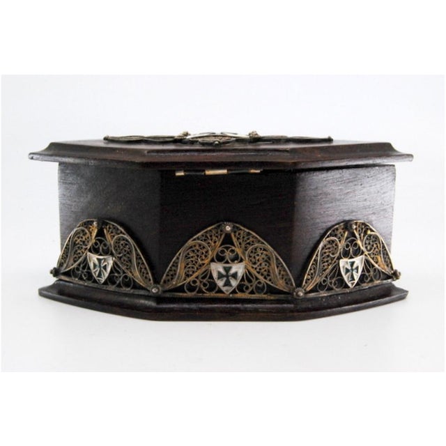 Wooden Jewelry Box with Silver Coat of Arms Applications and Velvet Interior For Sale - Image 10 of 11