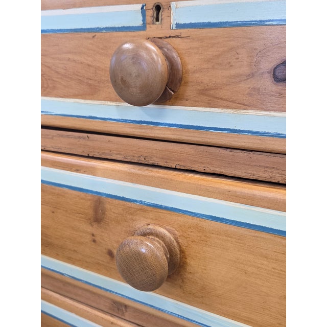 Antique English Edwardian Natural Pine Chest of Drawers With Blue French Line For Sale - Image 14 of 14