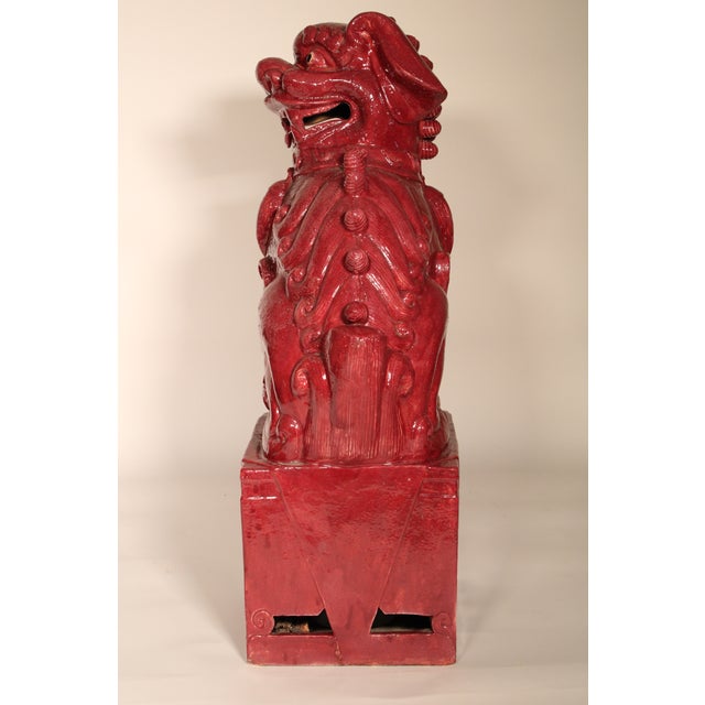 Ceramic Pair of Large Maroon Color Foo Dogs For Sale - Image 7 of 10
