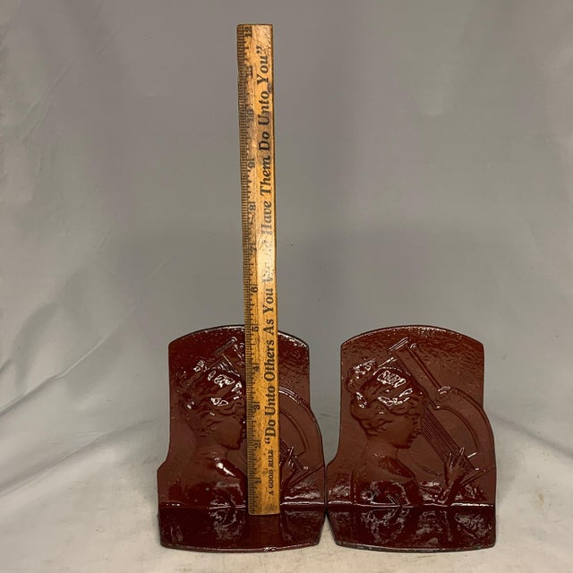 Art Deco Metal Bookends: Woman Playing Lyre, Ronson c. 1925 For Sale - Image 9 of 9
