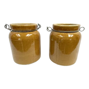 Antique Glazed French Crocks With Metal Carriers - a Pair