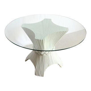 Boho Chic White Rattan Woven Sheaf Circular Glass Top Dining Table For Sale