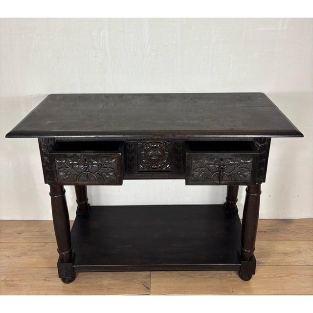 Wood 19th Century Spanish Carved Oak Console Table with Two Drawers For Sale - Image 7 of 9
