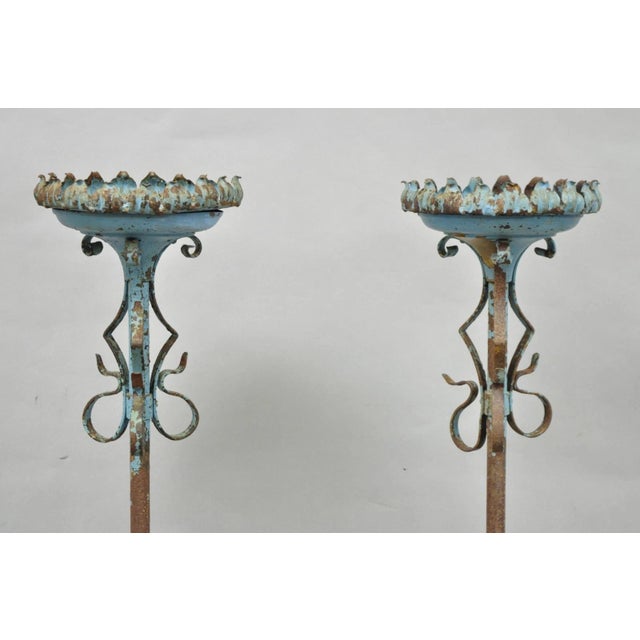 Renaissance Antique Gothic Renaissance Wrought Iron Italian Candle Holder Candelabra - Pair For Sale - Image 3 of 14