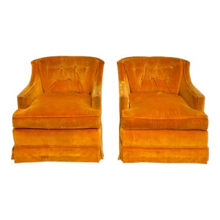 MCM Hollywood Regency Orange Velvet Skirted Lounge Chairs For Sale