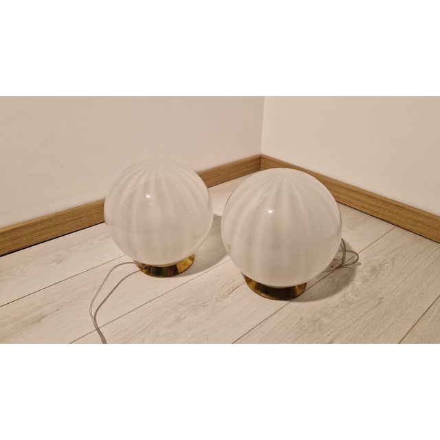 Table Lamps with Brass Base and Worked Glass, 1990s, Set of 2, in Very Good conditions. Designed 1990 to 1999 European...