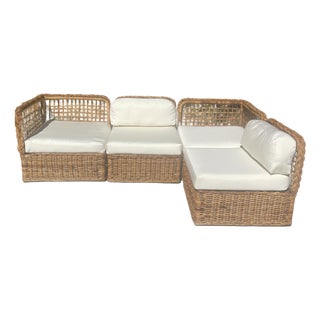Vintage Wicker Sectional Sofa With New Sunbrella Cushions For Sale
