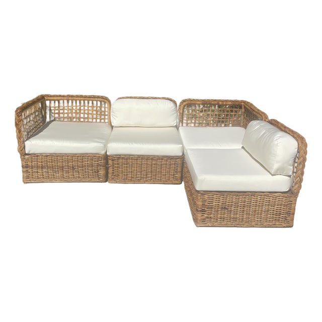 Vintage Wicker Sectional Sofa With New Sunbrella Cushions For Sale