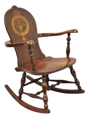 Antique Art Nouveau Cherry Wood Rocking Chair Rocker With Wreath Marquetry Inlay