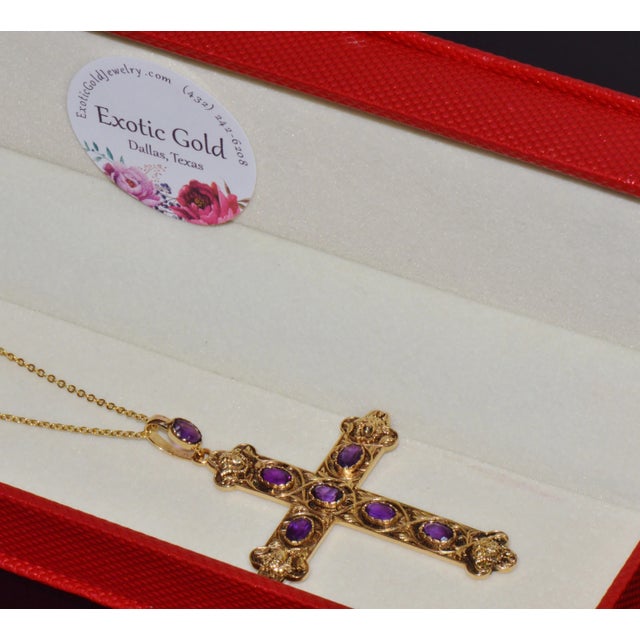 Religious Certified Natural 2.95Cts Amethyst 18k 750 Solid Gold Engraved Cross Etruscan Pendant For Sale - Image 3 of 10