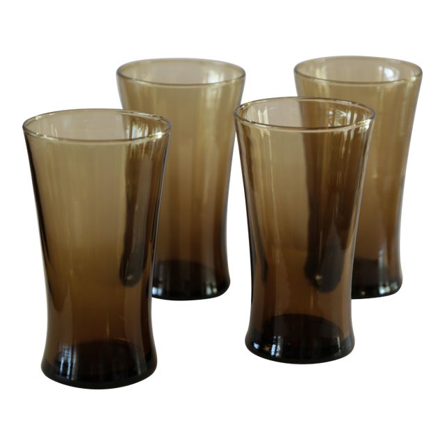 Vintage Anchor Hocking Linden Mocha Tawny Brown Glass Flared Tumblers – 16oz, Retro Mid-Century Style For Sale