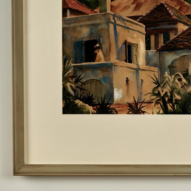 Tropical Watercolor Painting With Buildings by Avery Johnson For Sale - Image 11 of 11