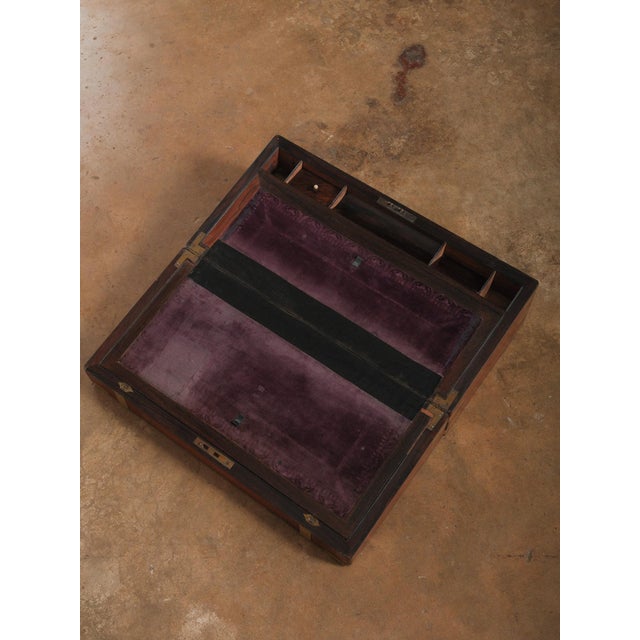 Wood Vintage Brass Bound Campaign Writing Slope Lap Desk With Velvet Interior Storage Compartments Folding Travel Writing Box For Sale - Image 7 of 14