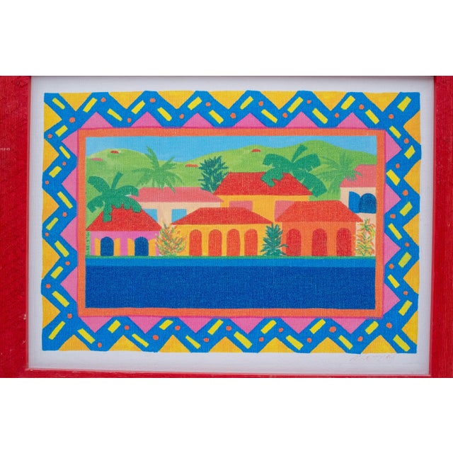 Pair of Tropical Caribbean Paintings "Red House & Bananas" and a Village (Untitled) Signed For Sale - Image 14 of 18