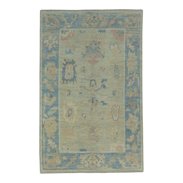 Blue & Cream Turkish Oushak Rug 3'11" x 6'2" For Sale