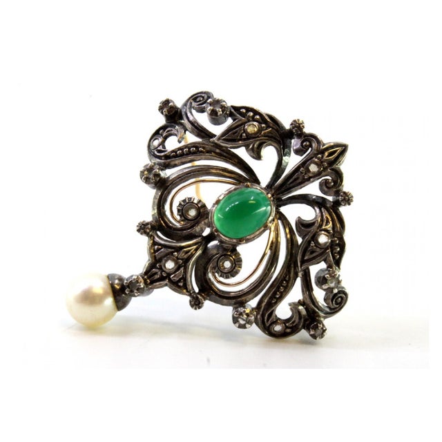 Gold and Silver Brooch with Diamond Chips, Faux Pearl and Central Synthetic Cabochon For Sale - Image 6 of 9