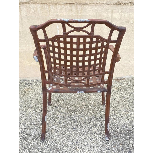 Brown Late 20th Century Cast Aluminum Basket Weave Lattice Rattan Patio Outdoor Arm Chairs - Set of 4 For Sale - Image 8 of 10