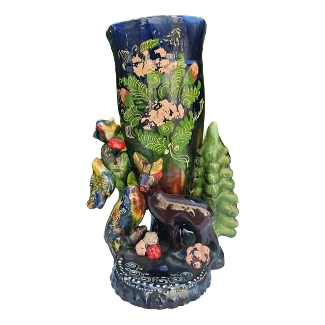 Ceramic Vase with Deer, Birds, Flowers, 1960s For Sale
