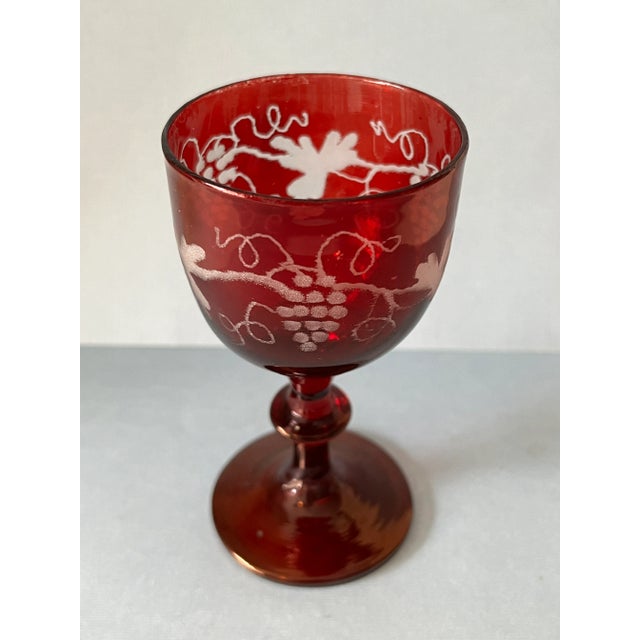 Ruby Red Vintage Shreve Crump & Low Bohemian Ruby Red Cut to Clear Grape Etched Port Glass For Sale - Image 8 of 8
