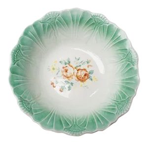 Round Green Ceramic Cabbage Leaf Serving Bowl Dish With Floral Pattern