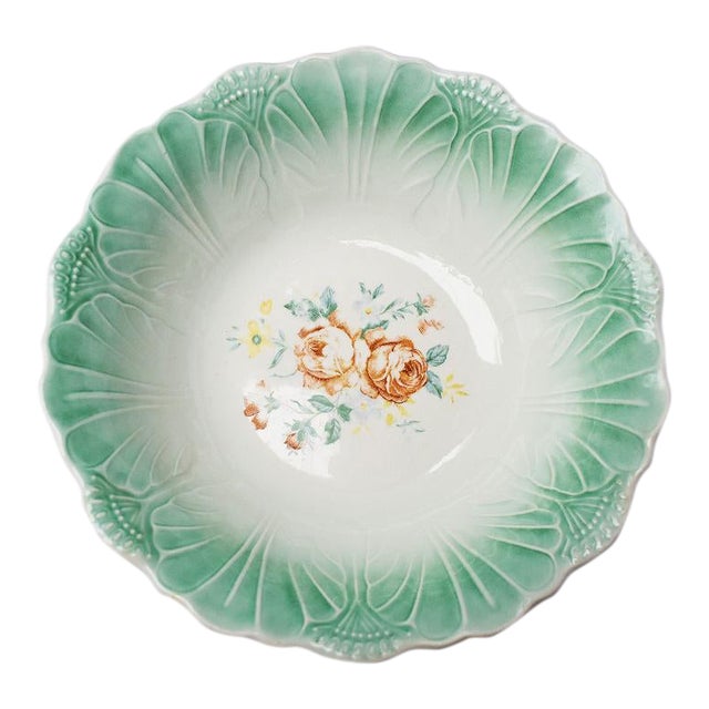 Round Green Ceramic Cabbage Leaf Serving Bowl With Floral Pattern