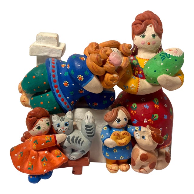 Vintage Ussr Dymkovo Colorful Folk Art Pottery Clay Figurine Signed "Rogova" For Sale