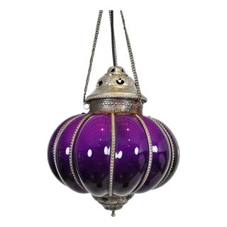 Vintage Indian Purple Glass Pumpkin Pendant Light For Sale