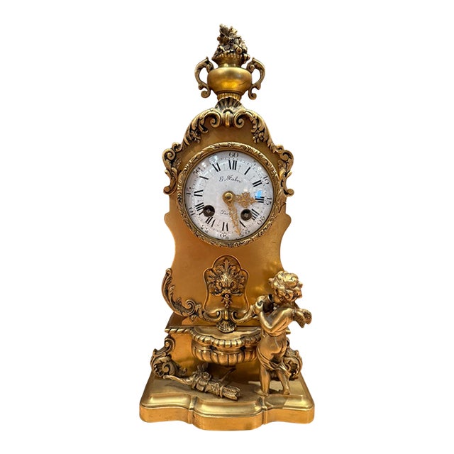 19th-Century French Bronze Doré Mantel Clock With Cherub, Signed G. Fabre, Paris For Sale