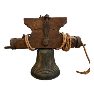 Antique Bronze Bell on Wooden Yoke and Wrought Iron Fittings, 1700s For Sale