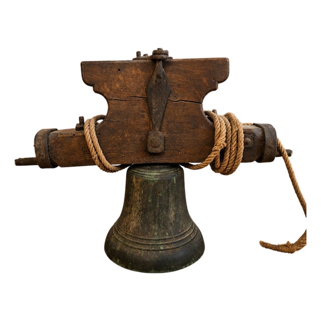 Antique Bronze Bell on Wooden Yoke and Wrought Iron Fittings, 1700s For Sale