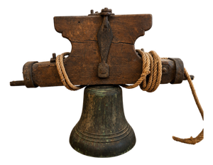 Antique Bronze Bell on Wooden Yoke and Wrought Iron Fittings, 1700s