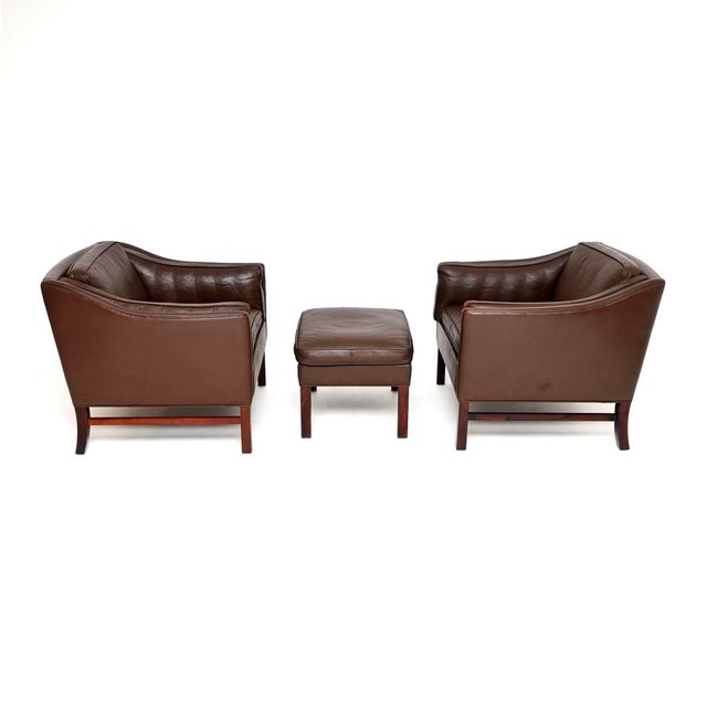 Mid-Century Modern Vintage Danish Leather Armchairs and Ottoman attributed to Georg Thams for Grant Mobelfabrik, 1960s, Set of 3 For Sale - Image 3 of 11