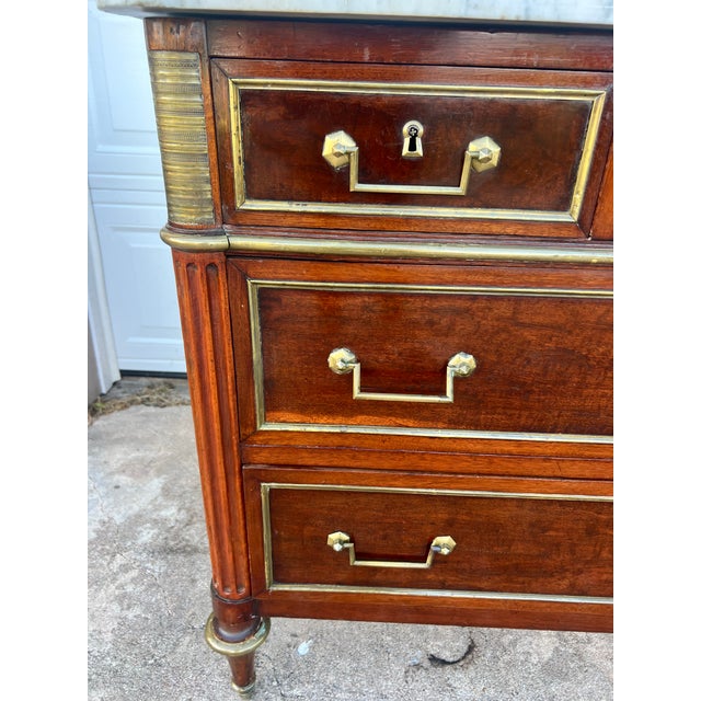 Brass French 19th Century Louis XVI Mahogany Carrara Marble Top Chest of Drawers For Sale - Image 8 of 12