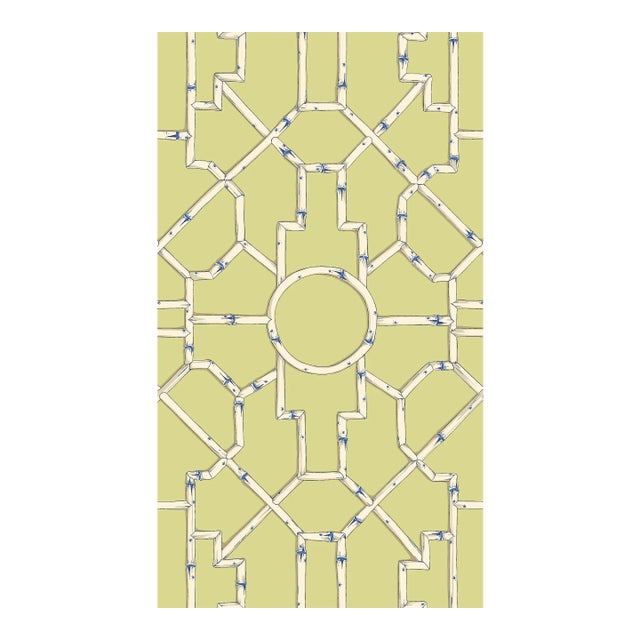 Sample - The House of Scalamandré Baldwin Bamboo Wallcovering, Cream & Blue on Lettuce For Sale