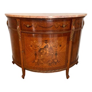 Late 20th Century Italian Neoclassical Inlaid Demilune Marble-Top Cabinet Console For Sale
