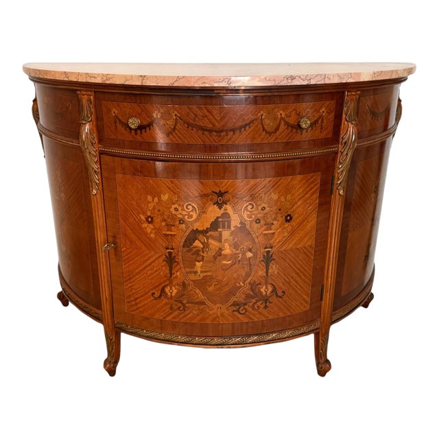 Late 20th Century Italian Neoclassical Inlaid Demilune Marble-Top Cabinet Console For Sale