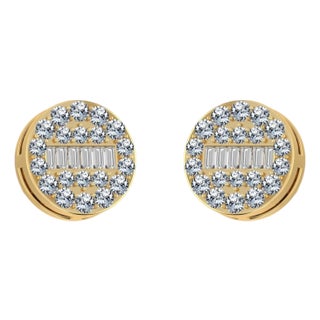 10K Yellow Gold Round Baguette Diamond Cluster Stud Earrings, 3/8 Cttw, A Pair For Sale