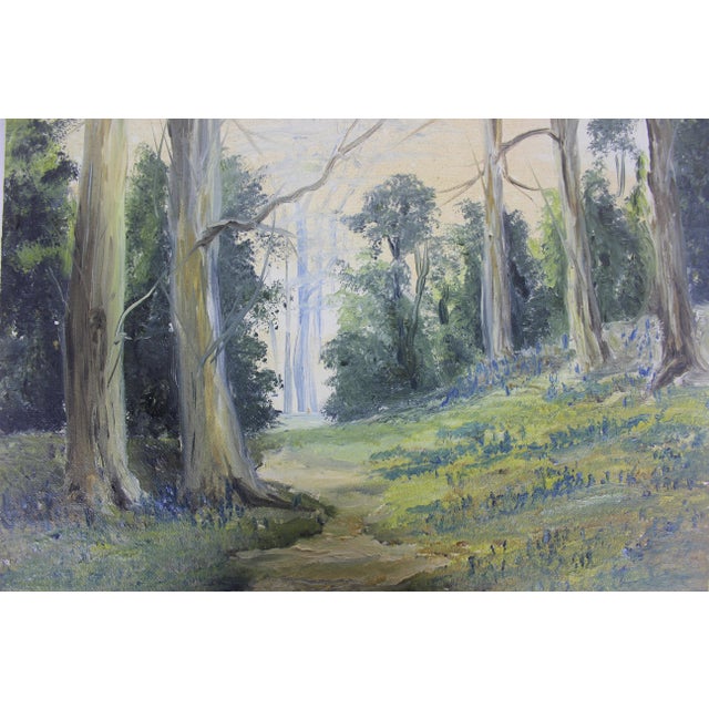 Green Vintage Landscape Oil Painting, Original Art, Signed by Artist Trees, Path, Rustic Unframed For Sale - Image 8 of 10