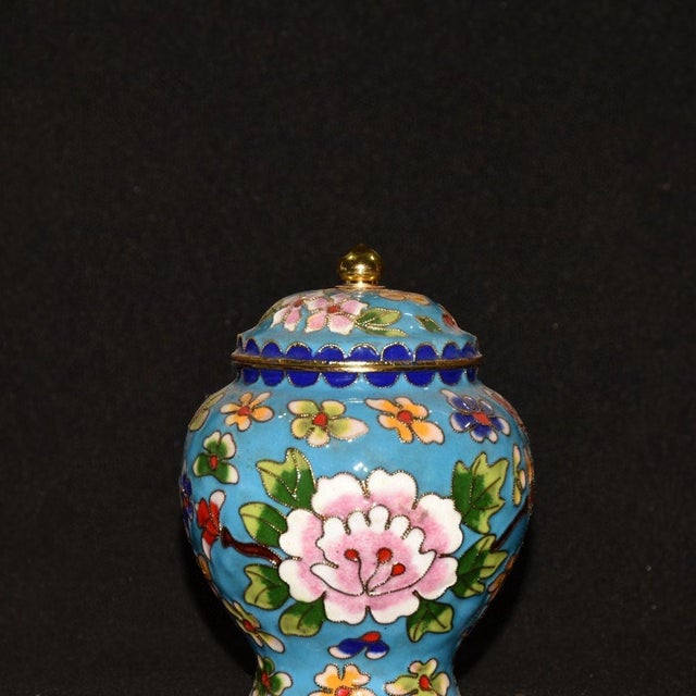 Metal Vintage Blue Cloisonné Enamel Ginger Jar With Peony Motif and Lid For Sale - Image 7 of 9